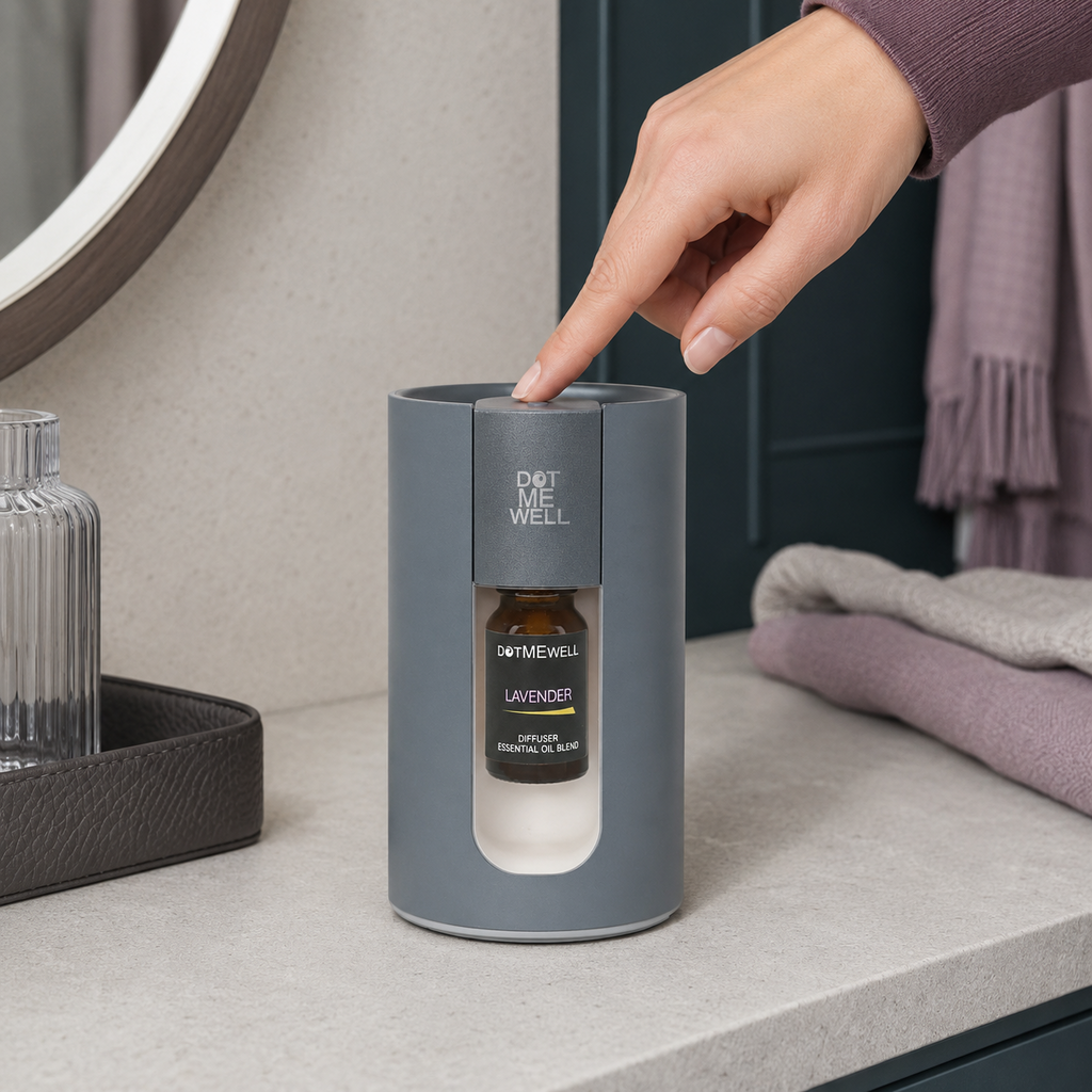 Portable waterless essential oil diffuser with a hand pressing the top control, showing the installed Lavender bottle on a pale stone counter with dark teal and mauve accents. — for Carpe Diem Dream