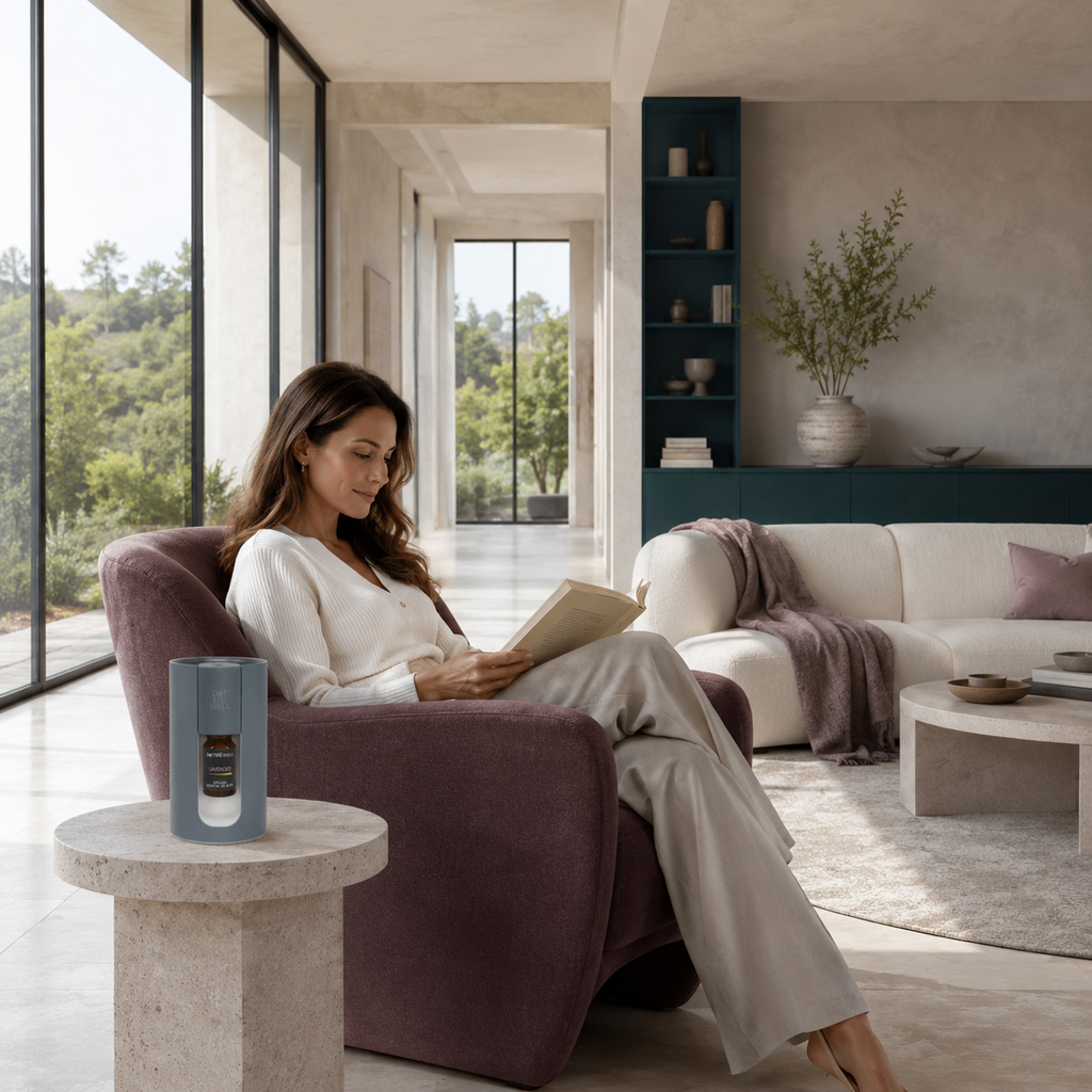 Portable waterless essential oil diffuser beside a mauve reading chair in an aspirational living room with dark teal cabinetry, pale stone surfaces, and cool natural daylight. — for Carpe Diem Dream