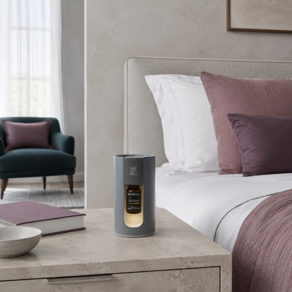 Soft greige portable waterless essential oil diffuser with lavender blend on a stone bedside table in a calm, cool-toned bedroom — for Carpe Diem Dream.
