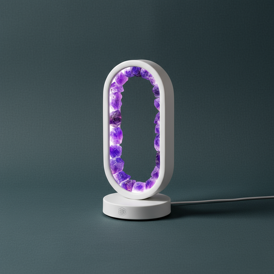 Portal to Peace – Amethyst Lamp of Stress Relief standing upright on a matte teal textured surface, softly illuminated with diffused natural light — for Carpe Diem Dream.