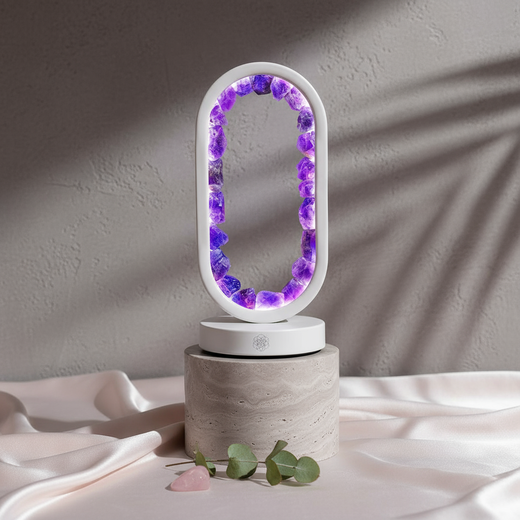 Portal to Peace - Amethyst Lamp of Stress Relief - Travertine - Silk - Crystal - Carpe Diem Dream