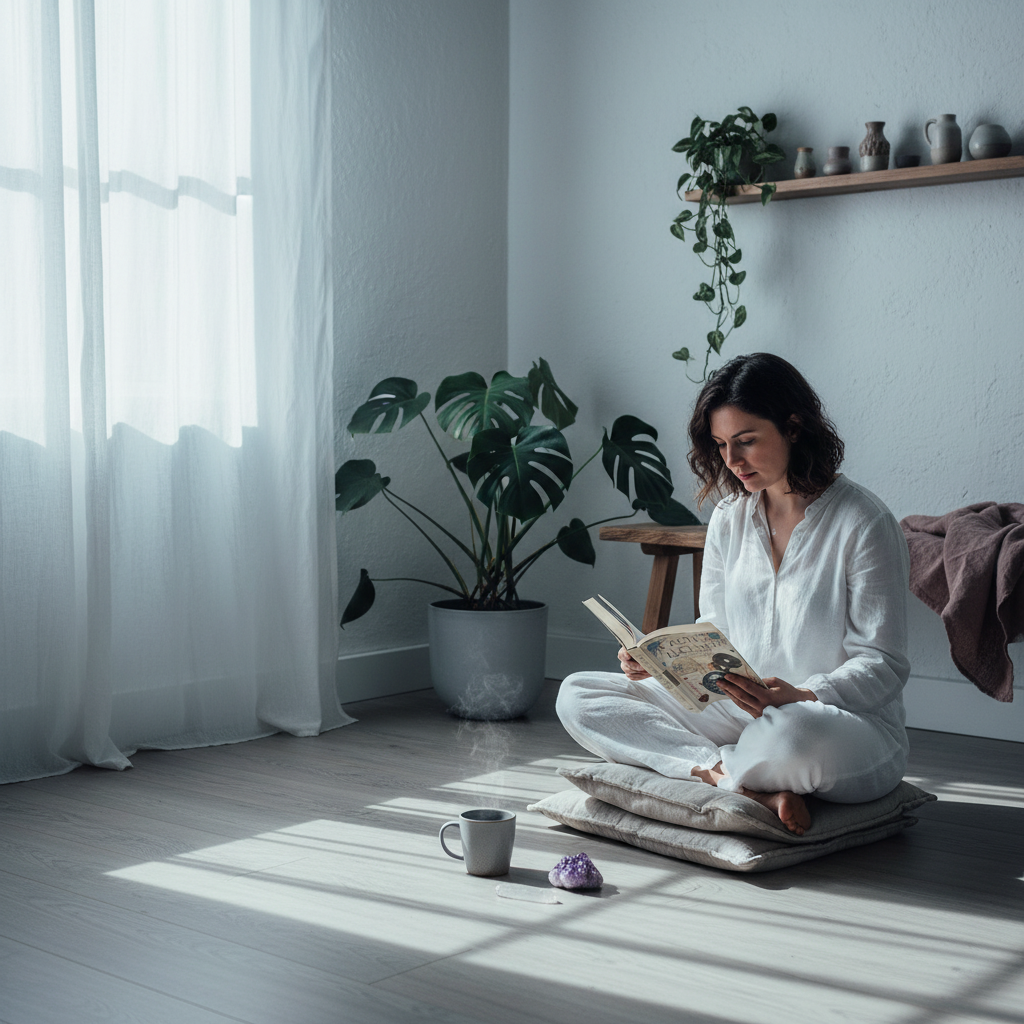 A woman dressed in soft white clothing sits on floor cushions reading the paperback book Practical Alchemy in a calm meditation space with diffused natural light and indoor plants. — for Carpe Diem Dream