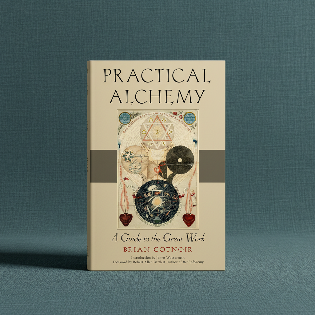The paperback book Practical Alchemy with vintage alchemical artwork and serif typography displayed upright against a muted teal linen-textured background with soft directional light. — for Carpe Diem Dream