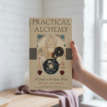 A hand holding the paperback book Practical Alchemy in soft natural window light with a mauve fabric accent in the background to demonstrate realistic book scale. — for Carpe Diem Dream