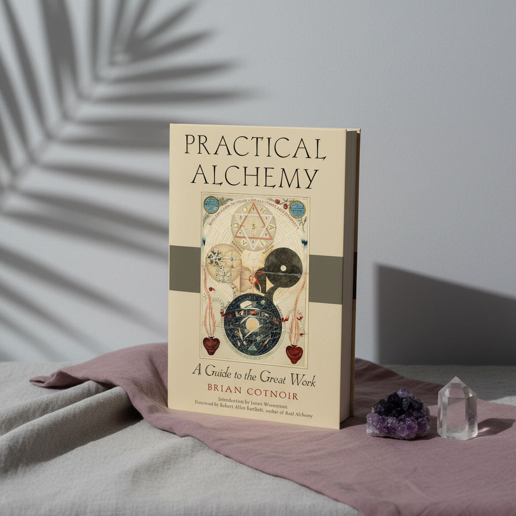 The paperback book Practical Alchemy displayed upright beside clear quartz and amethyst crystals on layered mauve and linen fabric with botanical shadows and soft editorial lighting. — for Carpe Diem Dream