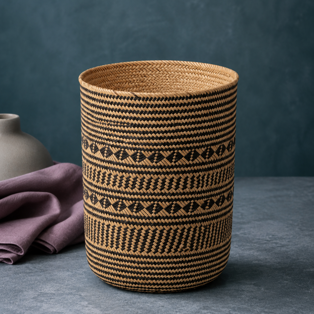 Praya handwoven rattan basket with black geometric woven motif professionally photographed on a cool blue-gray stone surface with mauve linen accents. — for Carpe Diem Dream