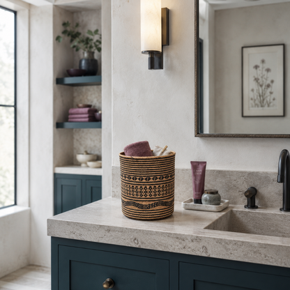 Praya handwoven rattan basket styled on a stone bathroom vanity with mauve hand towel, small wellness items, and dark teal cabinetry. — for Carpe Diem Dream
