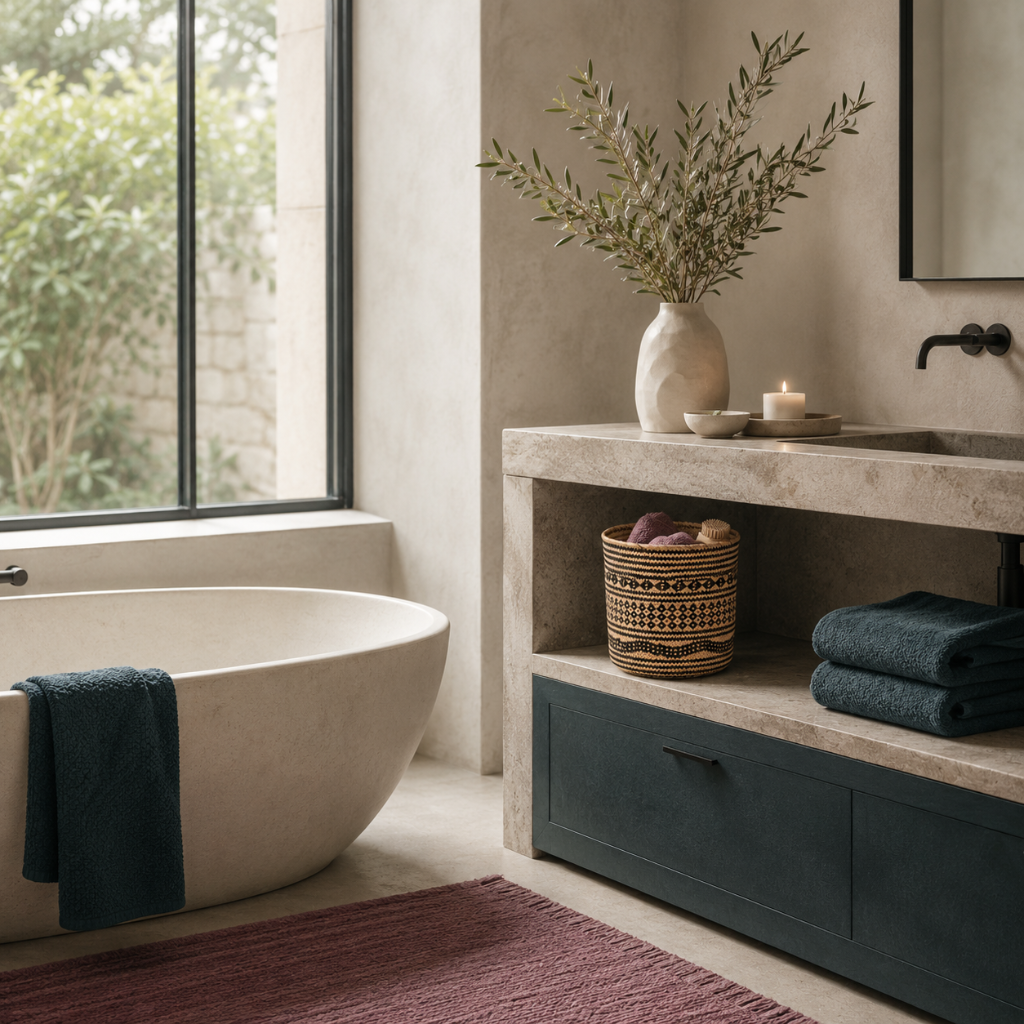 Praya handwoven rattan basket styled under a stone bathroom vanity with mauve and dark teal towels in a calm spa-inspired room. — for Carpe Diem Dream