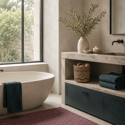 Praya handwoven rattan basket styled under a stone bathroom vanity with mauve and dark teal towels in a calm spa-inspired room. — for Carpe Diem Dream