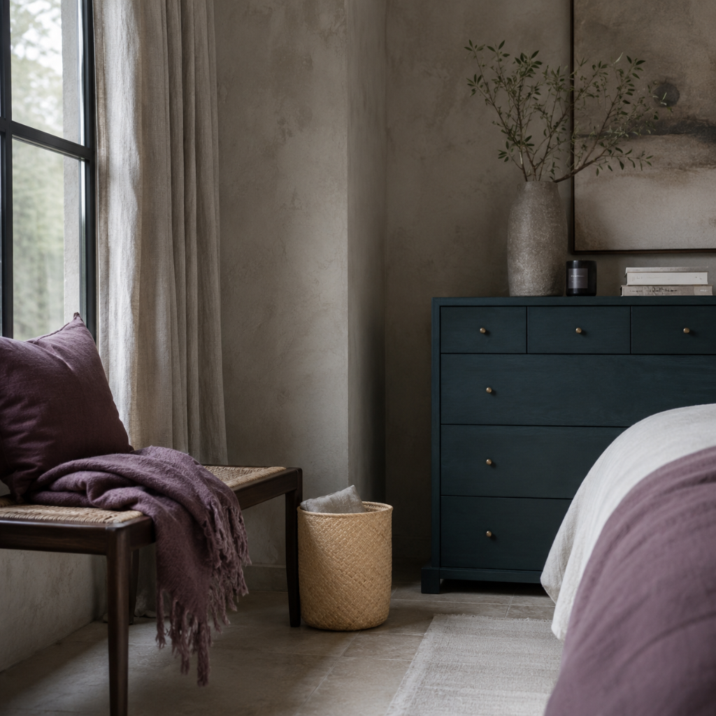 Praya handwoven rattan basket in natural woven finish styled in a serene bedroom corner with mauve textiles, a dark teal dresser, and calm everyday storage. — for Carpe Diem Dream