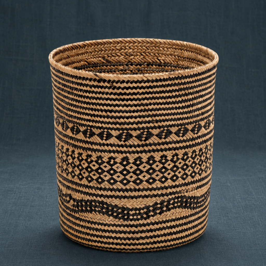 Praya handwoven rattan basket with black geometric woven motif on a dark teal linen backdrop. — for Carpe Diem Dream