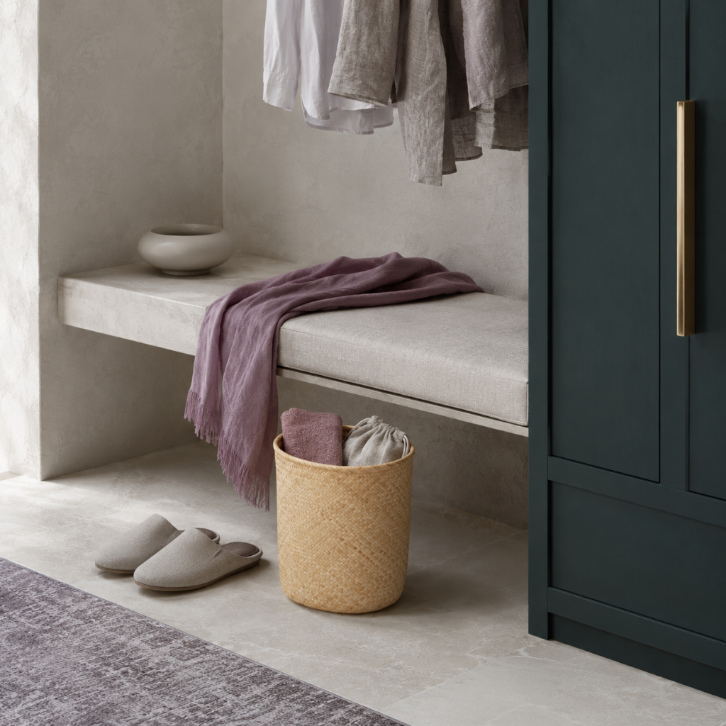 Praya handwoven rattan basket in natural woven finish styled in a calm dressing nook with mauve textiles, soft linens, and dark teal cabinetry. — for Carpe Diem Dream
