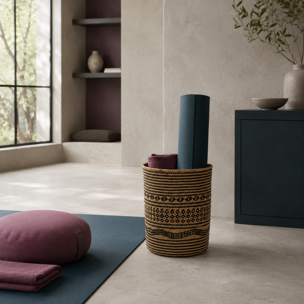 Praya handwoven rattan basket styled in a serene yoga room with a rolled dark teal yoga mat protruding above the basket and mauve meditation accents. — for Carpe Diem Dream