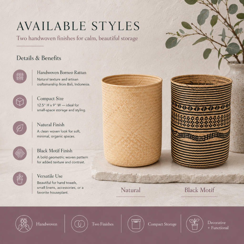 Praya handwoven rattan basket variants shown in natural and black motif finishes with details and benefits for compact storage. — for Carpe Diem Dream