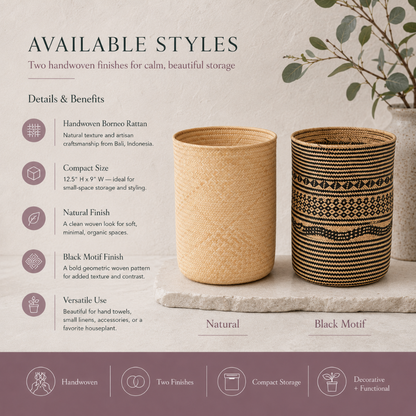 Praya handwoven rattan basket variants shown in natural and black motif finishes with details and benefits for compact storage. — for Carpe Diem Dream