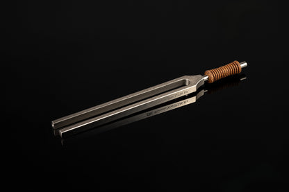 Weighted metal Platonic Year tuning fork engraved 172.06 Hz with cork handle resting on a glossy black reflective surface. — for Carpe Diem Dream