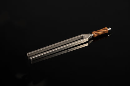 Weighted metal Synodic Day tuning fork engraved 194.18 Hz with cork handle resting on a glossy black reflective surface. — for Carpe Diem Dream