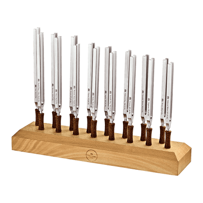 Sixteen weighted metal planetary tuning forks standing upright in a beech wood holder on a transparent background. — for Carpe Diem Dream