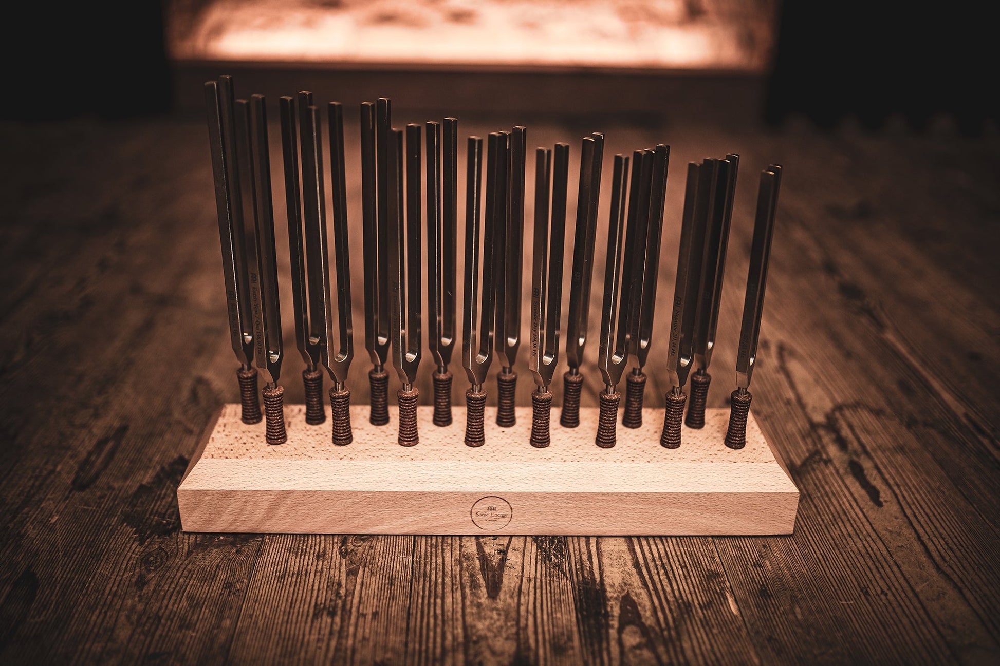 Sixteen weighted metal planetary tuning forks standing upright in a beech wood holder on a wooden table under warm lighting. — for Carpe Diem Dream
