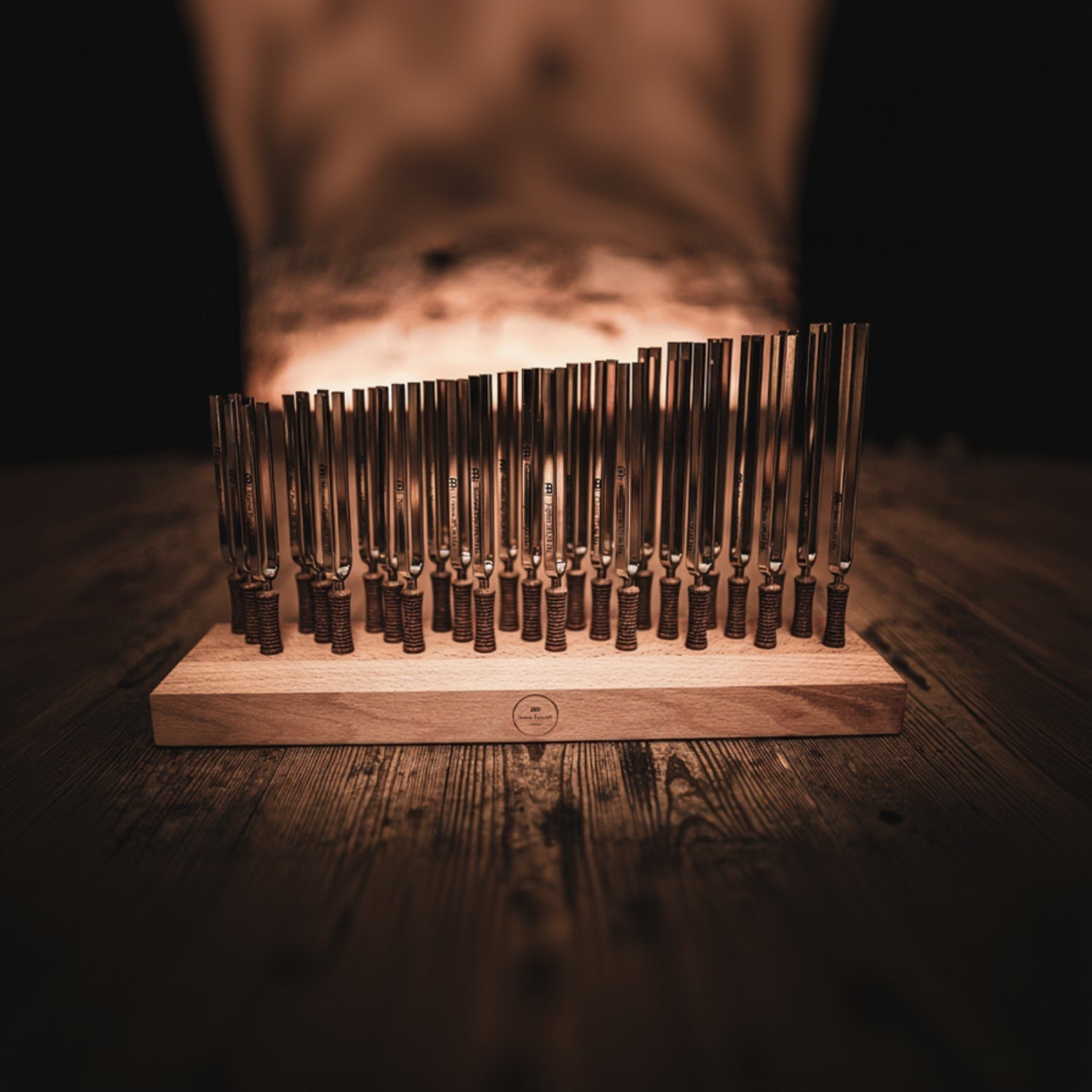 Twenty-seven planetary tuned metal tuning forks standing upright in a beech wood holder on a rustic wooden surface with warm ambient backlighting. — for Carpe Diem Dream