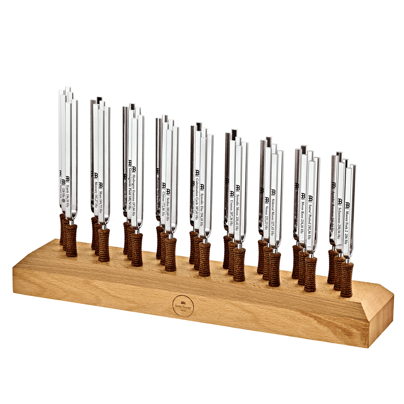 Twenty-seven planetary tuned metal tuning forks standing upright in a beech wood holder on a white background. — for Carpe Diem Dream