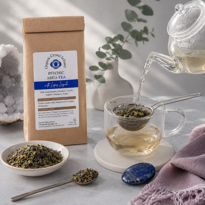 Psychic Abili-Tea – Organic Crystal Infused displayed with loose herbal tea blend, a tea strainer, freshly brewed tea, and Lapis Lazuli crystal accents, demonstrating a clean and mindful daily brewing ritual in a bright cool-toned setting with natural light and refined wellness styling. — for Carpe Diem Dream