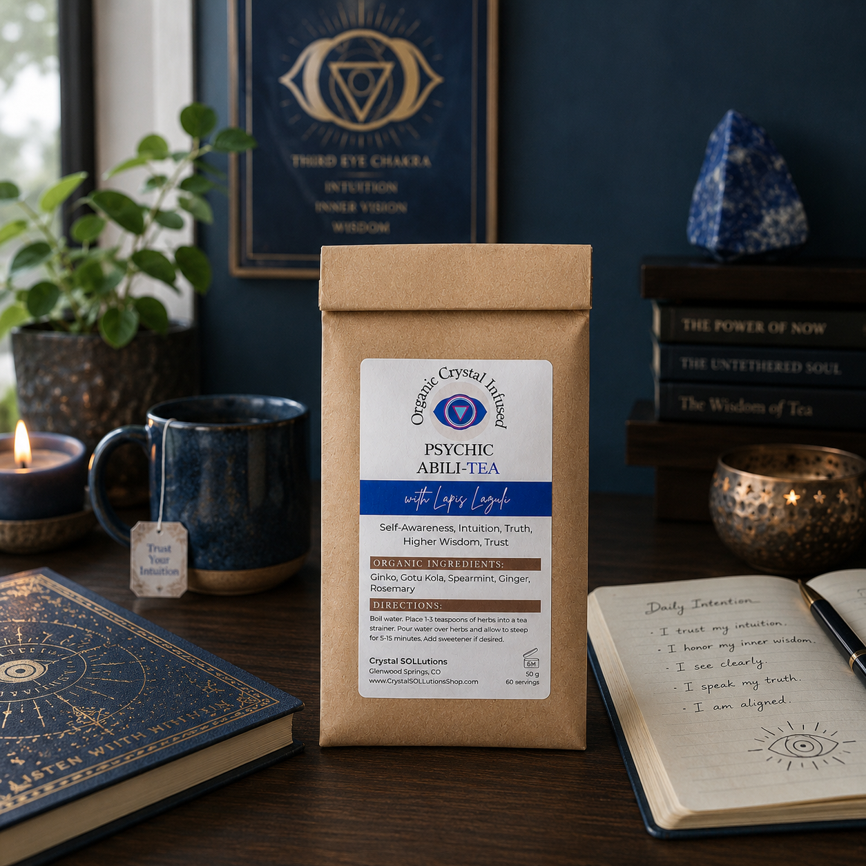 Psychic Abili-Tea – Organic Crystal Infused displayed in an intuitive wellness space with journaling, tea ritual elements, and Third Eye-inspired décor, creating a vision of self-awareness, inner wisdom, clarity, and spiritual reflection. — for Carpe Diem Dream