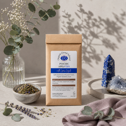 Psychic Abili-Tea – Organic Crystal Infused displayed with loose herbal tea blend, Lapis Lazuli crystal, eucalyptus accents, mauve textile, and a soft botanical shadow on a greige linen backdrop with cool-toned diffused daylight and refined studio styling. — for Carpe Diem Dream