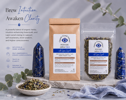Psychic Abili-Tea – Organic Crystal Infused shown in both available sizes with Lapis Lazuli crystals, loose herbal tea blend, and educational size comparison details highlighting intuition, clarity, inner wisdom, and Third Eye Chakra support in a cool-toned wellness scene. — for Carpe Diem Dream