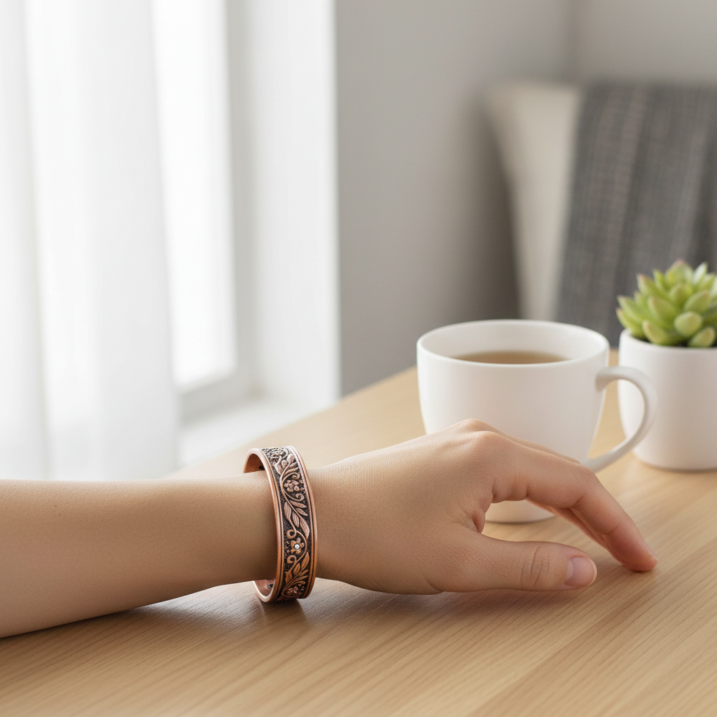 A pure copper floral cuff bracelet worn on a woman’s wrist beside a coffee cup on a wooden desk, showing engraved leaf detailing and an adjustable open cuff fit. — for Carpe Diem Dream
