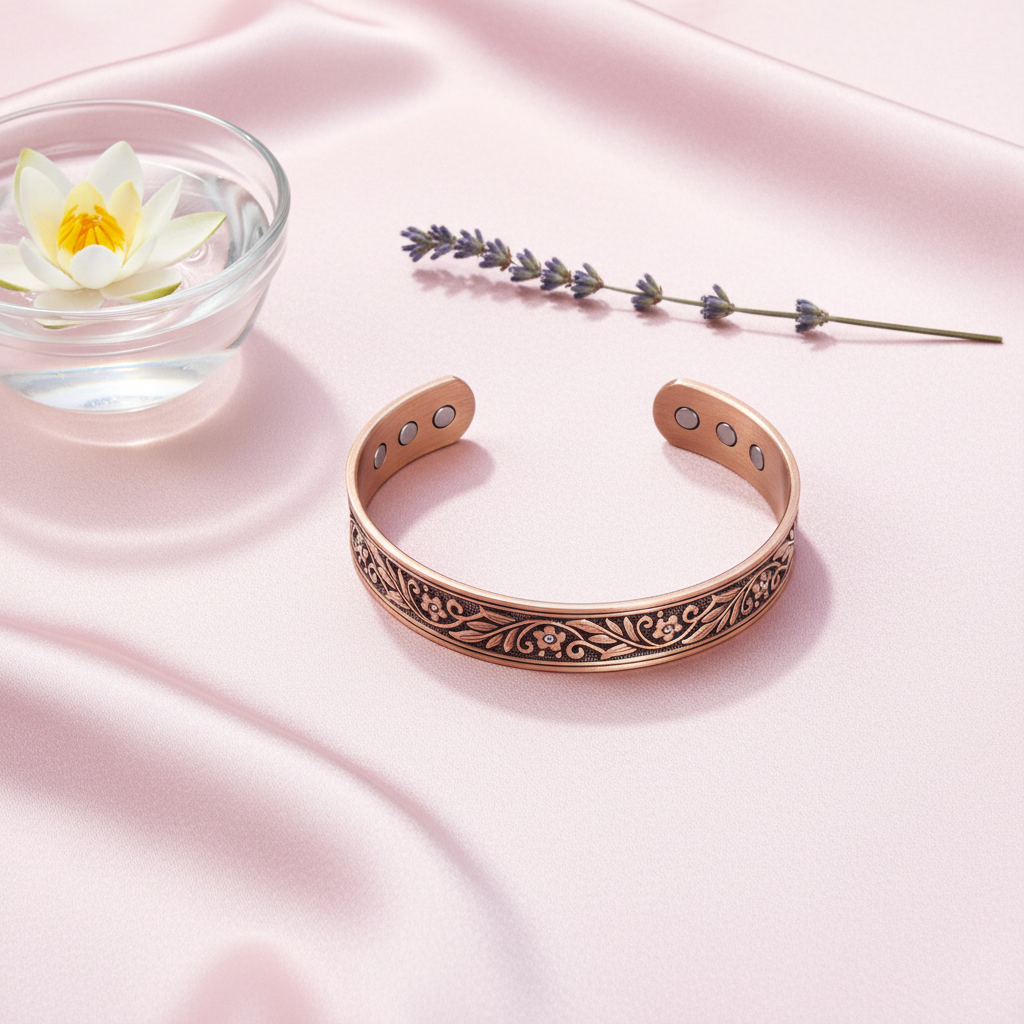 A pure copper floral cuff bracelet arranged beside a glass bowl with a lotus flower and lavender sprig on soft pink fabric, creating a calm ritual-inspired setting. — for Carpe Diem Dream
