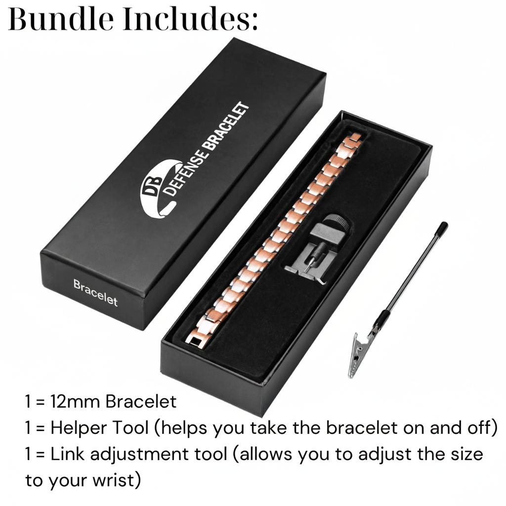 A 12mm pure copper magnetic bracelet displayed in a black box with included adjustment tools and labeled bundle contents on a white background. — for Carpe Diem Dream