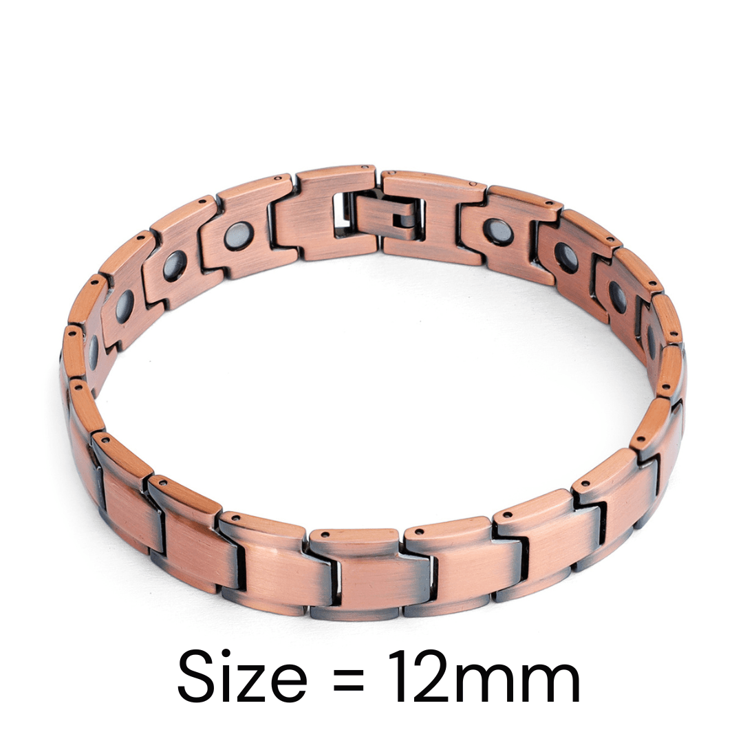 A pure copper magnetic bracelet with interlocking links and visible magnet inserts shown in a 12mm width on a white background. — for Carpe Diem Dream