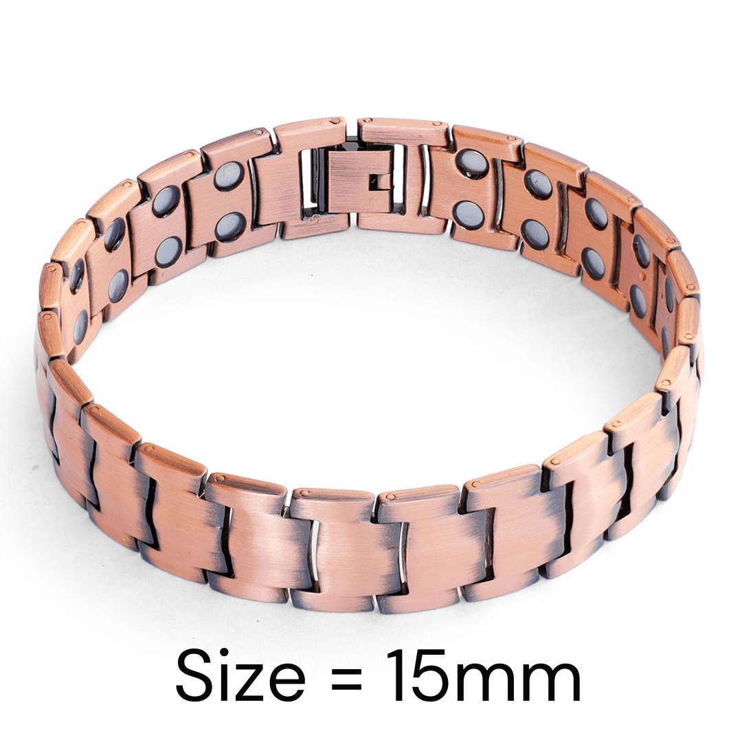 A pure copper magnetic bracelet with interlocking links and visible magnet inserts shown in a 15mm width on a white background. — for Carpe Diem Dream