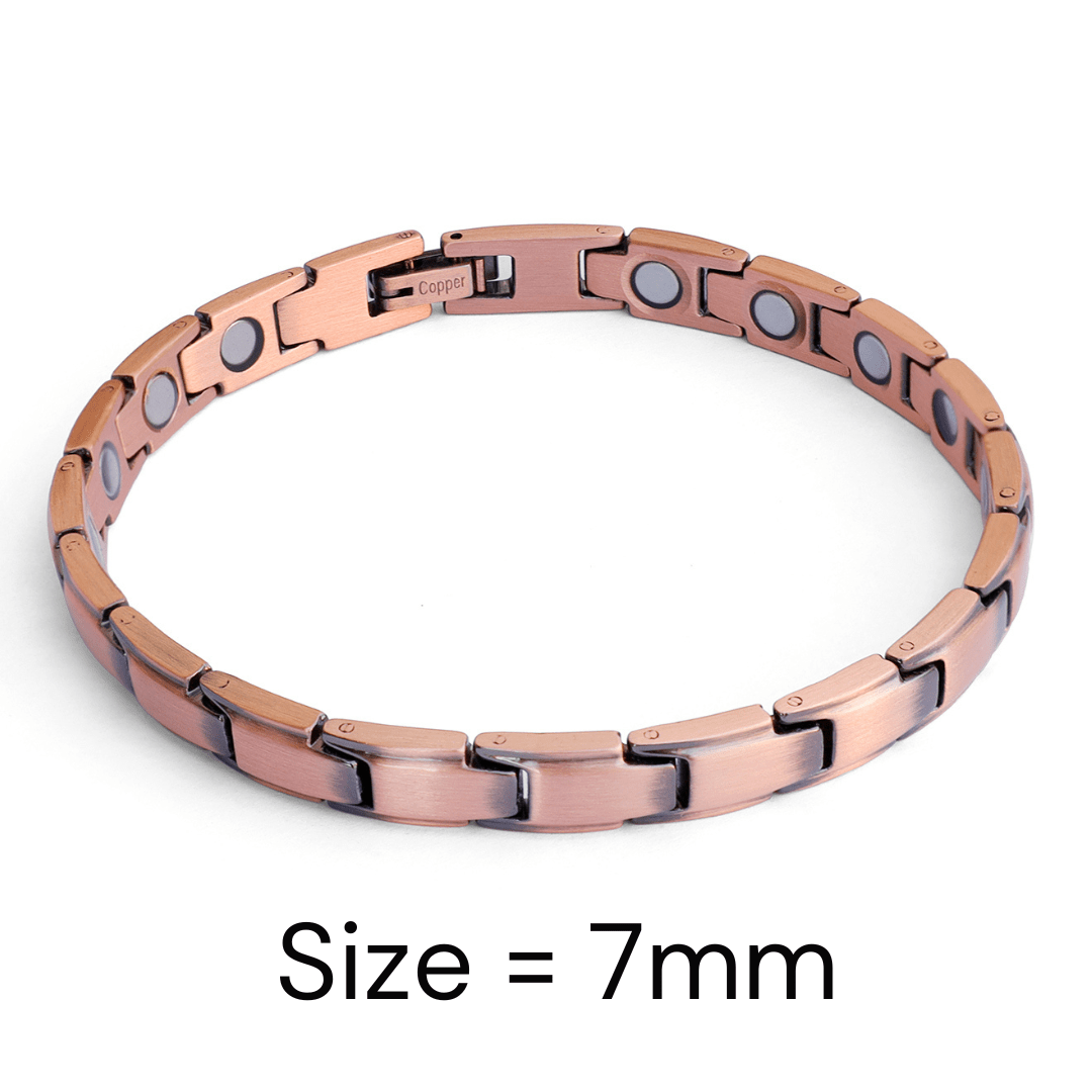 A pure copper magnetic bracelet with interlocking links and visible magnet inserts shown in a 7mm width on a white background. — for Carpe Diem Dream