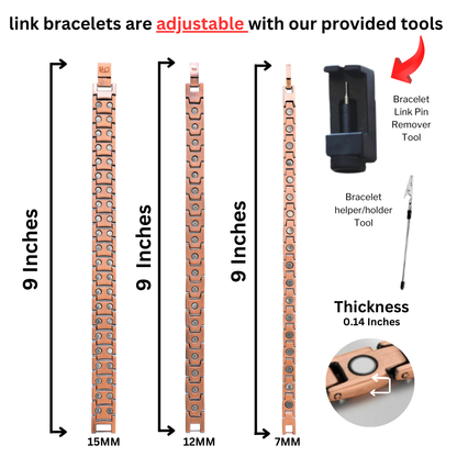 An adjustable pure copper magnetic bracelet shown with link sizes, measurement details, and included tools for resizing on a white background. — for Carpe Diem Dream