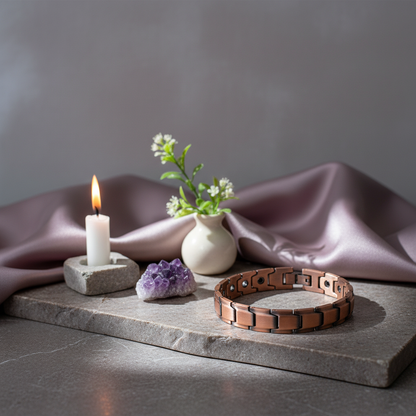 A pure copper magnetic bracelet displayed on a stone surface with a candle, amethyst crystal, and soft draped fabric in a calm, styled setting. — for Carpe Diem Dream