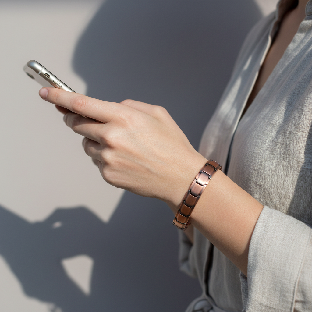 A person wearing a pure copper magnetic bracelet while holding a smartphone, showing everyday use in natural light. — for Carpe Diem Dream