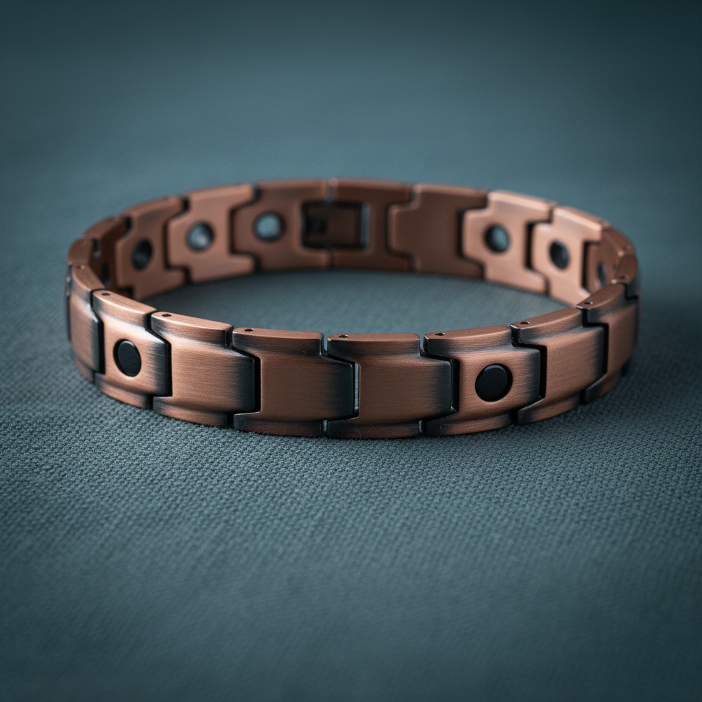 A close-up of a pure copper magnetic bracelet with interlocking links displayed on a textured teal surface with soft lighting. — for Carpe Diem Dream