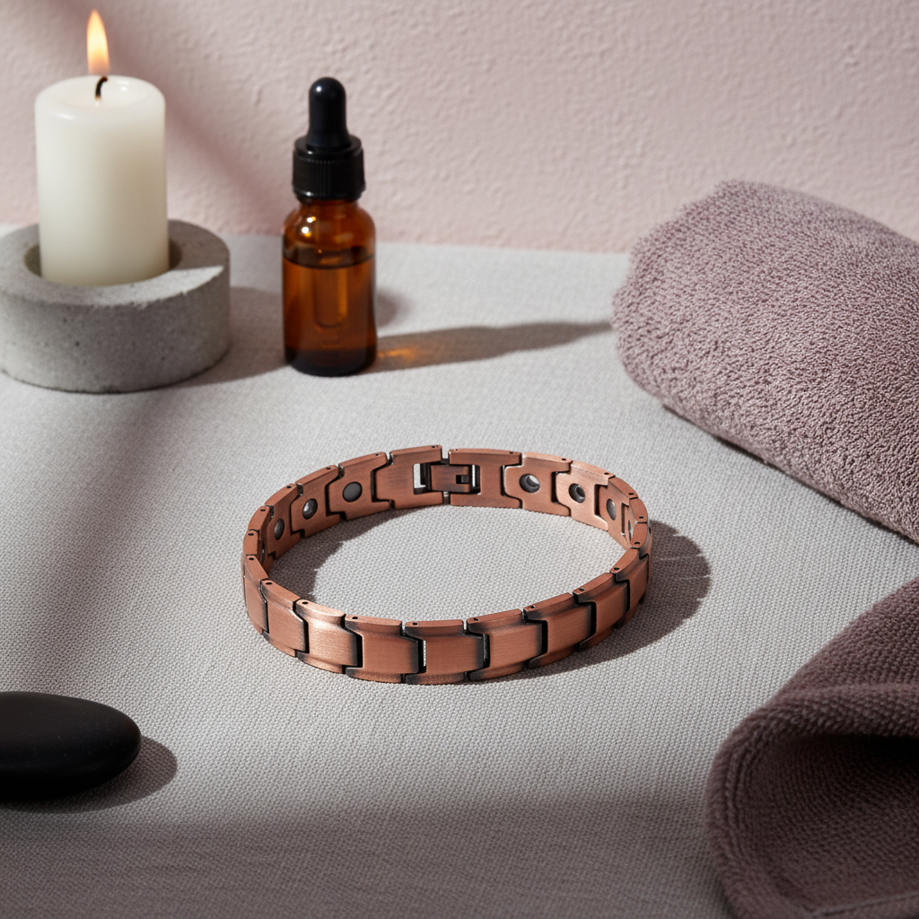A pure copper magnetic bracelet displayed in a spa setting with a candle, amber glass bottle, and soft towels in warm natural light. — for Carpe Diem Dream