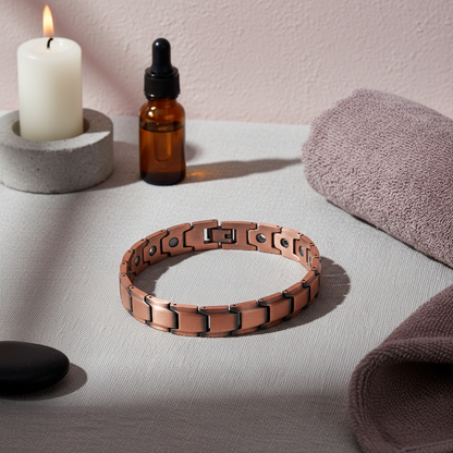 A pure copper magnetic bracelet displayed in a spa setting with a candle, amber glass bottle, and soft towels in warm natural light. — for Carpe Diem Dream