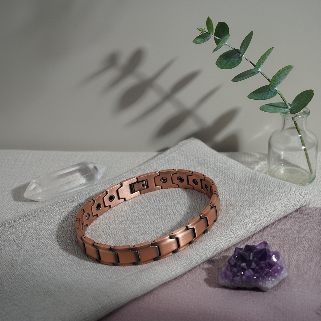 A pure copper magnetic bracelet resting on folded linen with a glass vase, green botanical stem, and crystals in soft natural light. — for Carpe Diem Dream