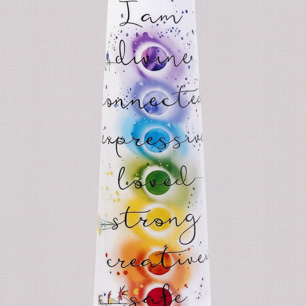 Close-up detail view of the 7 chakra “I Am” affirmations on a pure copper water bottle against a light grey mauve linen background. — for Carpe Diem Dream