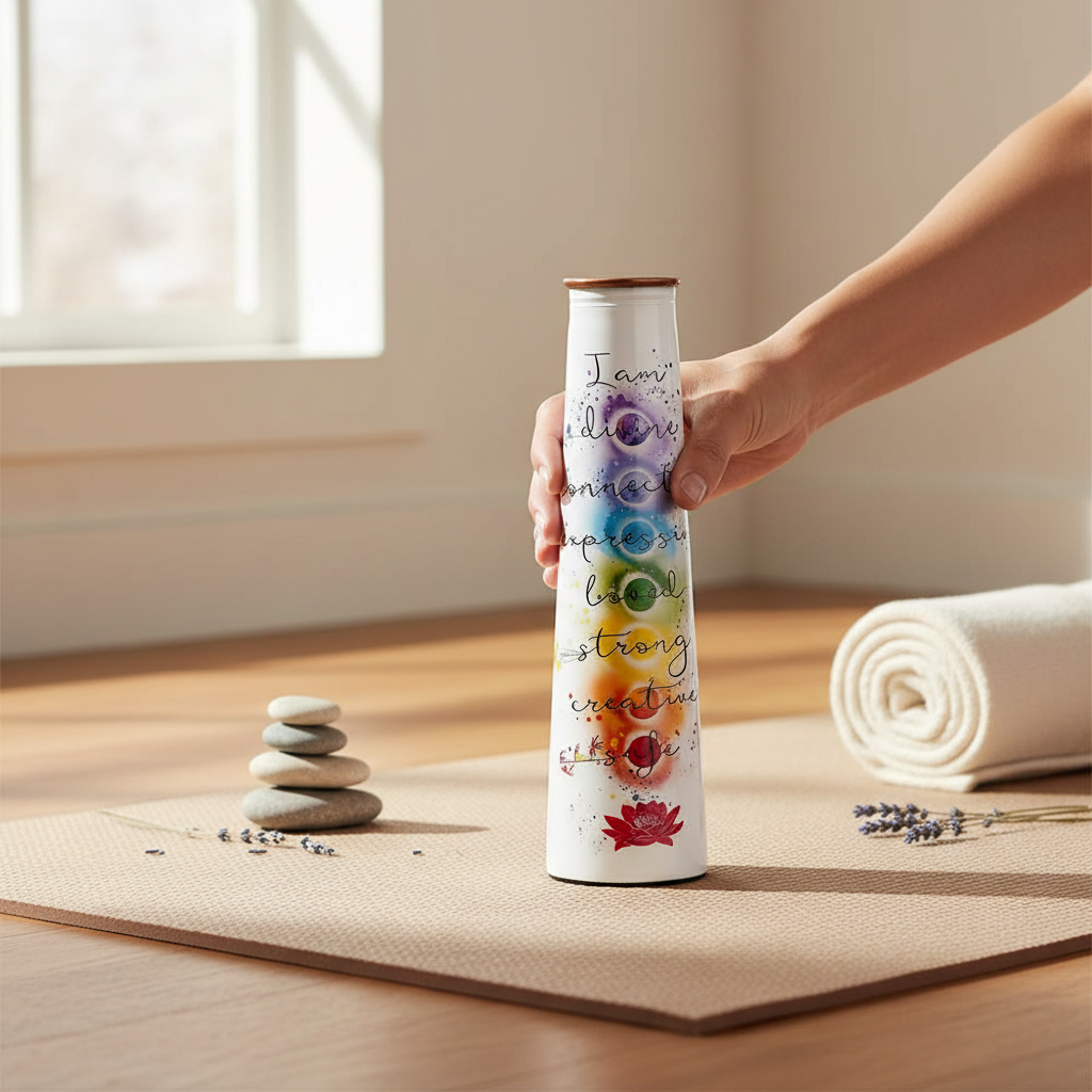 Pure copper water bottle with printed “I Am” chakra affirmations placed on a yoga mat in a peaceful wellness setting, with a hand reaching for it and stones and lavender nearby. — for Carpe Diem Dream