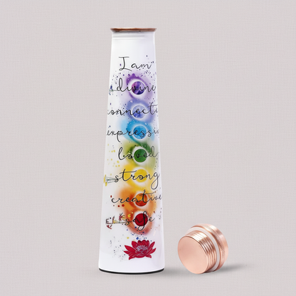 Light grey mauve background copper water bottle with printed “I Am” affirmations and 7 chakra symbols, standing with its matching copper lid beside it. — for Carpe Diem Dream