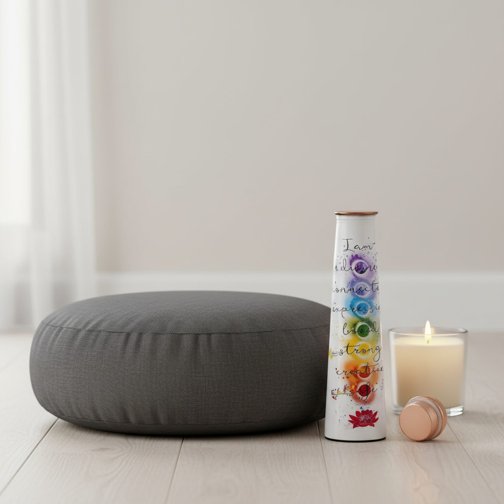 Pure copper water bottle with printed “I Am” chakra affirmations placed in a calm meditation setting beside a candle and matching copper lid. — for Carpe Diem Dream