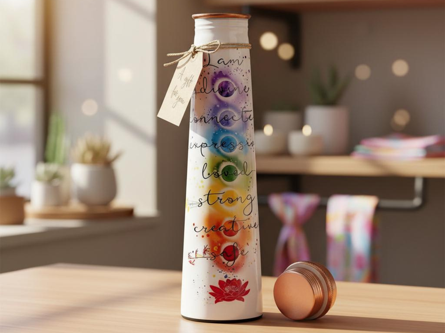 Pure copper water bottle with printed “I Am” chakra affirmations standing on a wooden table in a cozy room setting with a matching copper lid beside it. — for Carpe Diem Dream