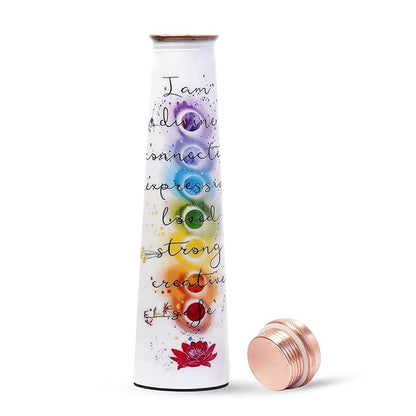 Pure copper water bottle with printed “I Am” chakra affirmations standing upright with matching copper lid on a white background. — for Carpe Diem Dream
