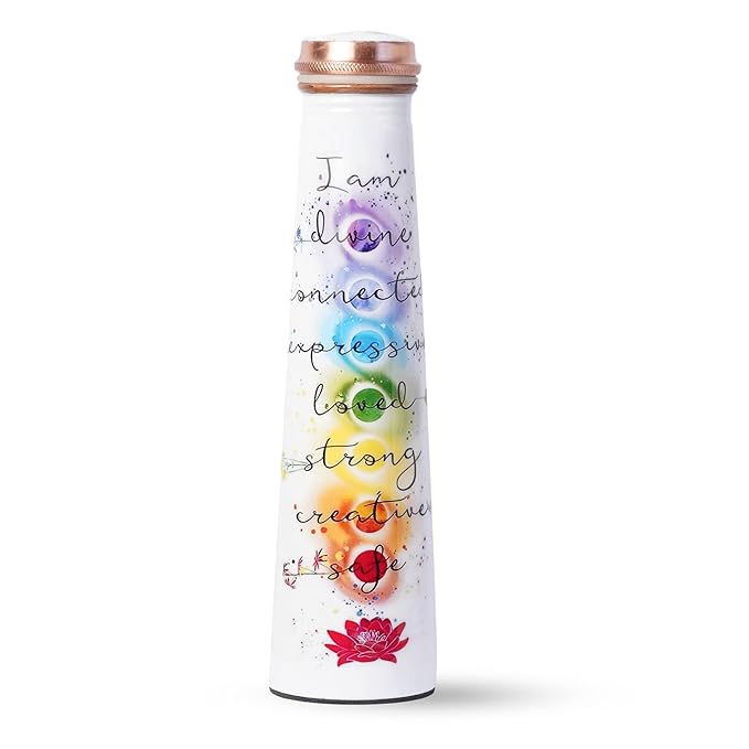 Pure copper water bottle with printed “I Am” chakra affirmations standing upright with matching copper lid on a white background. — for Carpe Diem Dream