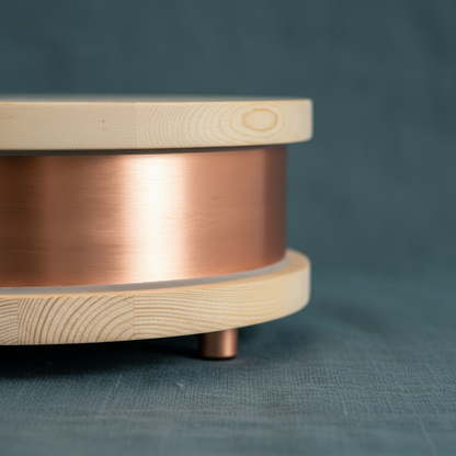 A close-up view of the Qi-Home Cell showing the brushed copper surface and light wood top and base against a muted teal background. — for Carpe Diem Dream